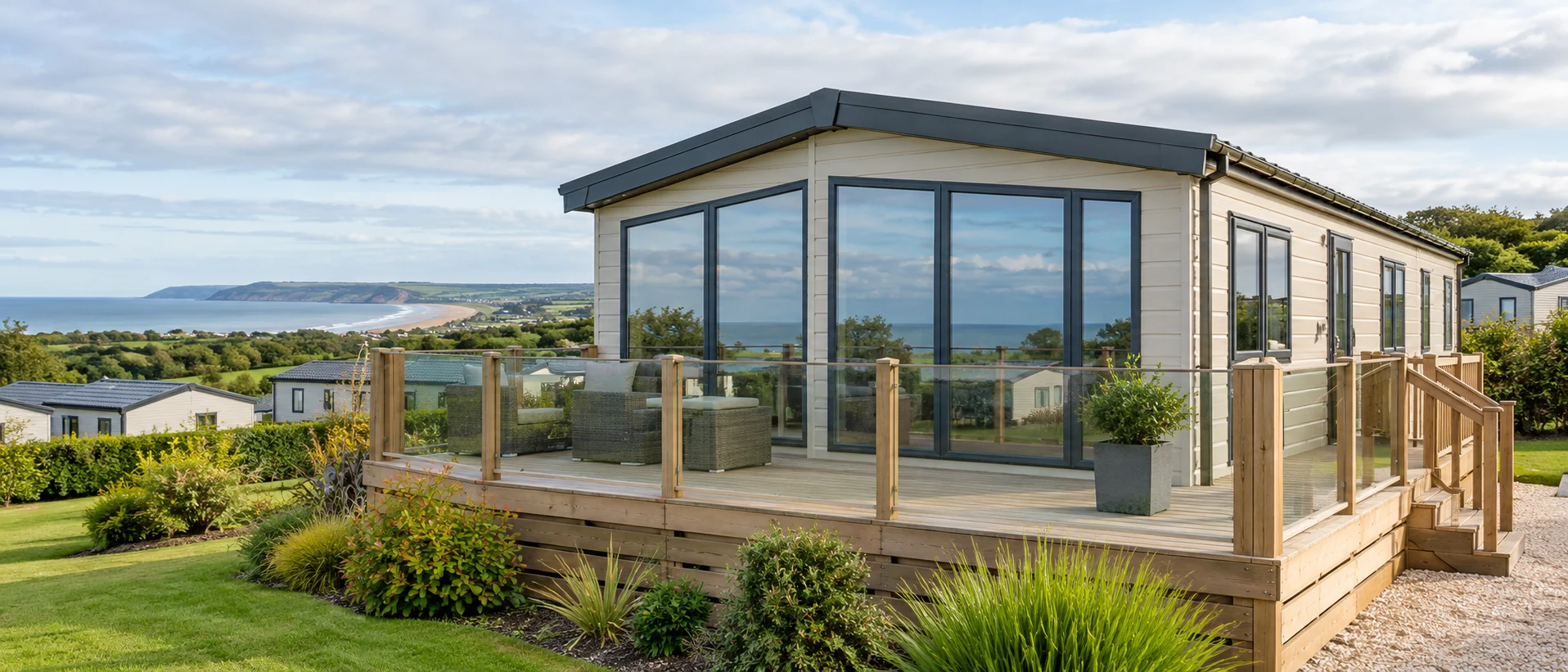Modern static caravan with reflective tinted windows overlooking the East Yorkshire coast