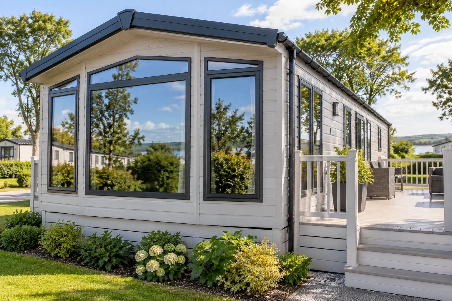 Static caravan windows with reflective silver tint reflecting sky and trees