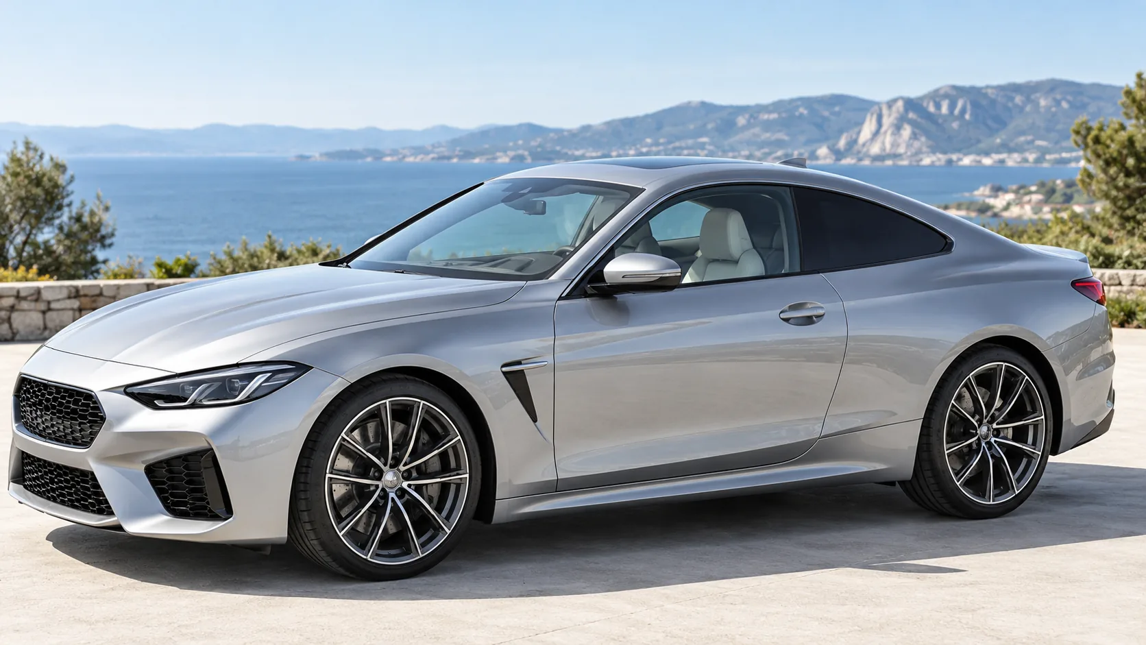Sports coupe with a tinted rear side window and clear front door window and windscreen